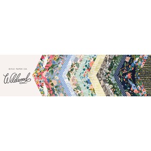 May include: A collection of 12 patterned fabric squares in a variety of colors and designs, including floral, geometric, and abstract patterns. The fabric squares are arranged in a staggered pattern, creating a visually appealing display. The text "Rifle Paper Co. Wildwood" is visible at the bottom of the image.