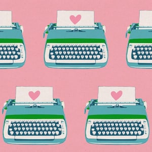 May include: A repeating pattern of teal typewriters on a pink background. Each typewriter has a white paper with a pink heart. The typewriters have white keys and green trim.