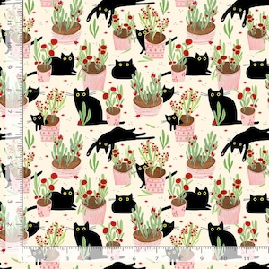 May include: A cream-colored fabric featuring a repeating pattern of black cats, potted plants, and red flowers. The cats are in various poses, and the plants are in pink pots. The design has a whimsical, illustrative style.