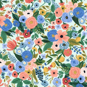 May include: A seamless pattern featuring a variety of colorful flowers, leaves, and berries on a light blue background. The floral design includes pink, red, blue, and yellow flowers, as well as green leaves and berries.
