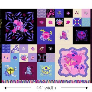 May include: A fabric panel featuring a patchwork design with various illustrations. The design includes a castle, dragonflies, flowers, and butterflies in shades of pink, purple, and blue. The panel is 44 inches wide.