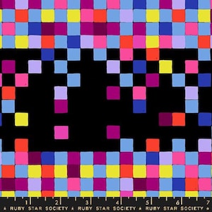 May include: A colorful fabric with a pixelated design. The pattern features squares in shades of red, pink, blue, yellow, and purple against a black background. The text "RUBY STAR SOCIETY" is printed at the bottom.