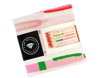 May include: A stack of 42 fabric squares, each 2.5 inches, with a white background and pink, red, and green abstract designs. The fabric is wrapped with a label that reads "TRINKETRY by Melody Miller" and "RUBY STAR SOCIETY".