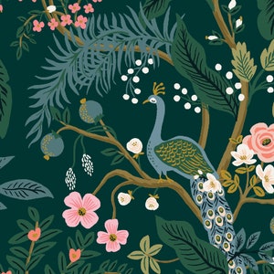 Rifle Paper Co. - Vintage Garden Collection - Peacock CANVAS in Hunter Metallic - Last 1/2 Yard