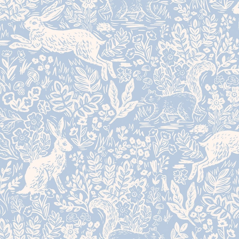 May include: A seamless pattern featuring white silhouettes of rabbits, squirrels, and mushrooms on a light blue background. The design is reminiscent of a vintage woodblock print.