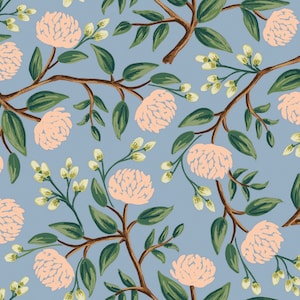 May include: A seamless pattern featuring pink flowers and green leaves on a light blue background. The floral design is repeated throughout the pattern, creating a delicate and feminine aesthetic.