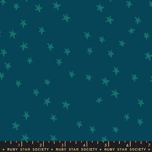 Puede incluir: Tela color turquesa con un patrón de estrellas turquesas dibujadas a mano. El fondo es de color turquesa oscuro. El texto "RUBY STAR SOCIETY" está en la parte inferior.