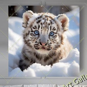 Snow Leopard Cub with Blue Eyes Wall Art – Adorable Wildlife Canvas Print for Modern or Classic Interiors