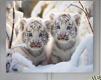 Snow Leopard Cubs Canvas Print: Blue Eyes Wildlife Art