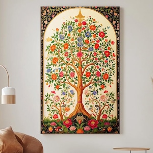 Indian Tree of Life Canvas Print: Lotus Floral Wall Art