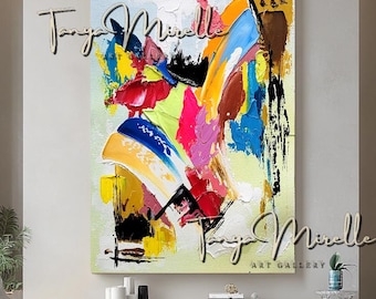 Pintura a óleo moderna e abstrata com técnica de impasto sobre tela, arte de parede contemporânea em relevo, sem moldura.