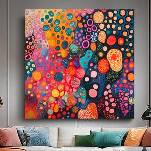 May include: A large, square abstract canvas print with a colourful design. The artwork features a pattern of organic shapes in red, orange, blue, and purple. The painting is displayed above a white sofa in a modern living room setting.