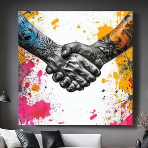 Tattooed Hands Handshake Art Print on Canvas, Graffiti Street Art Wall Decor - Stretched Print on Canvas