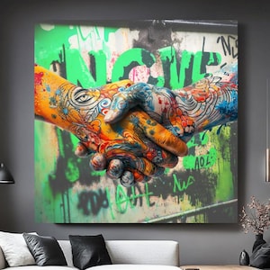 Graffiti Tattooed Hands Handshake Art Print on Canvas, Street Art Wall Decor - Stretched Print on Canvas
