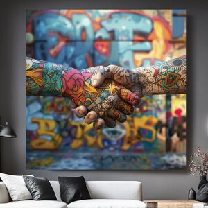 Tattooed Hands Handshake Art Print on Canvas, Graffiti Street Art Wall Decor - Stretched Print on Canvas