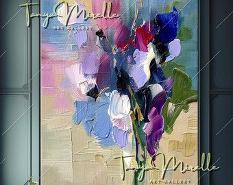 Purple Impasto Abstract Flower Oil Painting: Handmade Canvas Art