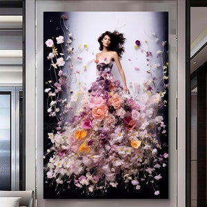 Artistic Floral Portrait - Perfume Floral Woman Art - Stretched Print on Canvas -  Luxurious Canvas Wall Art Decor