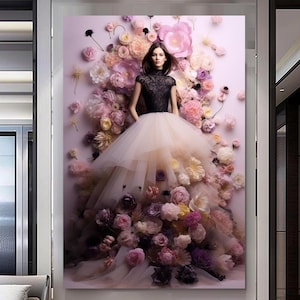 Artistic Floral Portrait - Perfume Floral Woman Art - Stretched Print on Canvas -  Luxurious Canvas Wall Art Decor