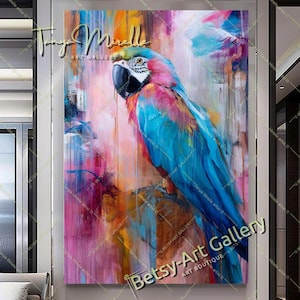 Vibrant Colorful Parrot on Canvas – Abstract Bird Print for Modern Interiors - Stretched Print on Canvas
