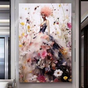 Artistic Floral Portrait - Perfume Floral Woman Art - Stretched Print on Canvas -  Luxurious Canvas Wall Art Decor