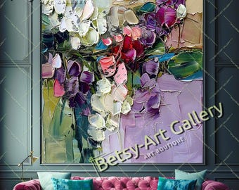 Large Contemporary Lilac Canvas - Colorful Floral Impasto Oil Painting