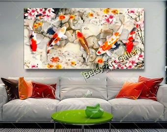 Soft Color Five Koi Fish Canvas Print: Japanese Zen Wall Art for Bedroom