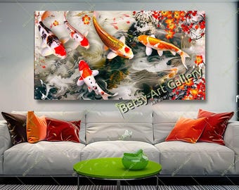 Colorful Five Koi Fish Canvas Print: Japanese Zen Art, Feng Shui Artwork for Bedroom