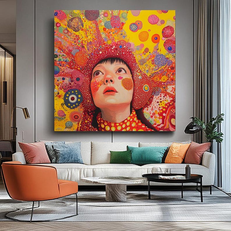 K&ouml;nnte beinhalten: Ein gro&szlig;es, farbenfrohes abstraktes Gem&auml;lde mit einem Portr&auml;t einer Person mit rotem Hut und gepunkteter Kleidung. Der Hintergrund ist gelb mit verschiedenen bunten Formen. Das Kunstwerk wird &uuml;ber einem wei&szlig;en Sofa mit bunten Kissen ausgestellt.