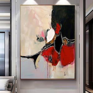 Red Black White Modern Abstract Art - Colorful Impasto Oil Painting - Contemporary Textured Wall Art on Canvas for Living Room or Office