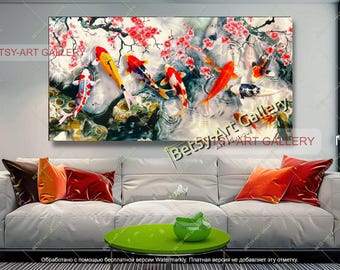 Sakura and Koi Fish Canvas Art Print: Japanese Zen Feng Shui Wall Decor