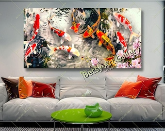 Vivid Koi Fish Canvas Art Print: Japanese Zen Feng Shui Wall Decor for Bedroom