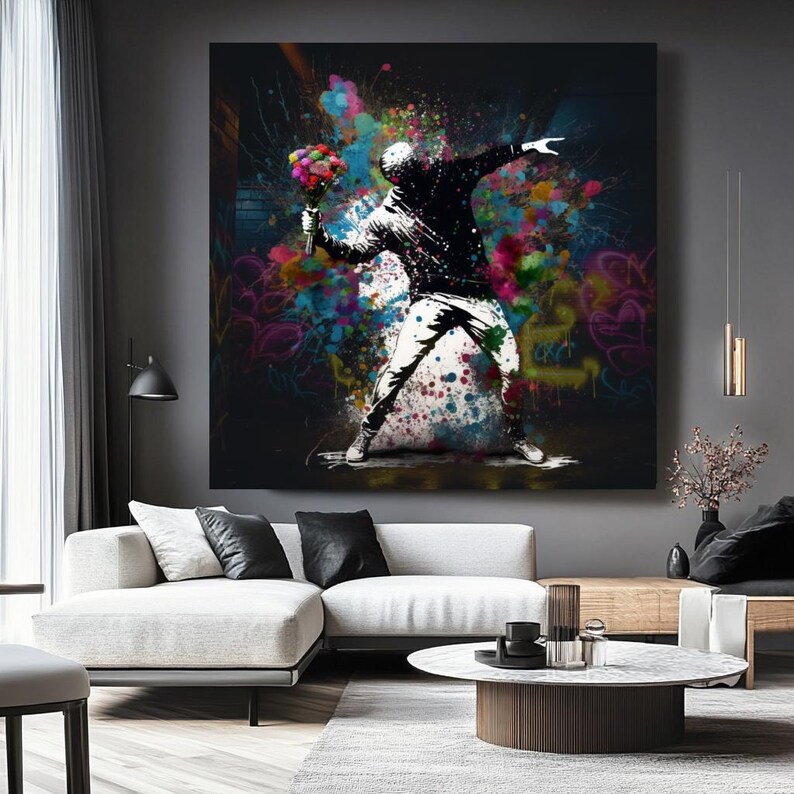 thumbnail interactive-video image 1 of Banksy Flower Chucker Thrower – Canvas Wall Art – Multiple Sizes Available, Framed Giclee Print 1 of 2