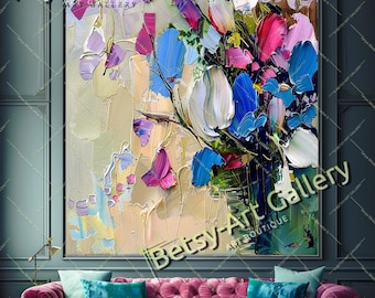 Colorful Bouquet Abstract Impasto Wall Art: Modern Floral Oil Painting on Canvas