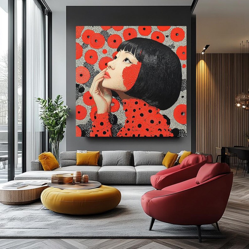 K&ouml;nnte beinhalten: Ein gro&szlig;er Wandkunstdruck mit einer Frau mit schwarzen Haaren und roten Akzenten, vor einem Hintergrund aus roten Kreisen auf einem grau-wei&szlig;en, gesprenkelten Hintergrund. Die Frau tr&auml;gt ein rotes Polka-Dot-Top.