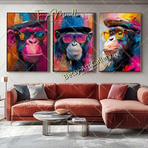 Vibrant Monkey Portrait with Hat and Sunglasses – Bold Wildlife Wall Decor in Vivid Brushstrokes for Modern Decor, Stretched Print on Canvas