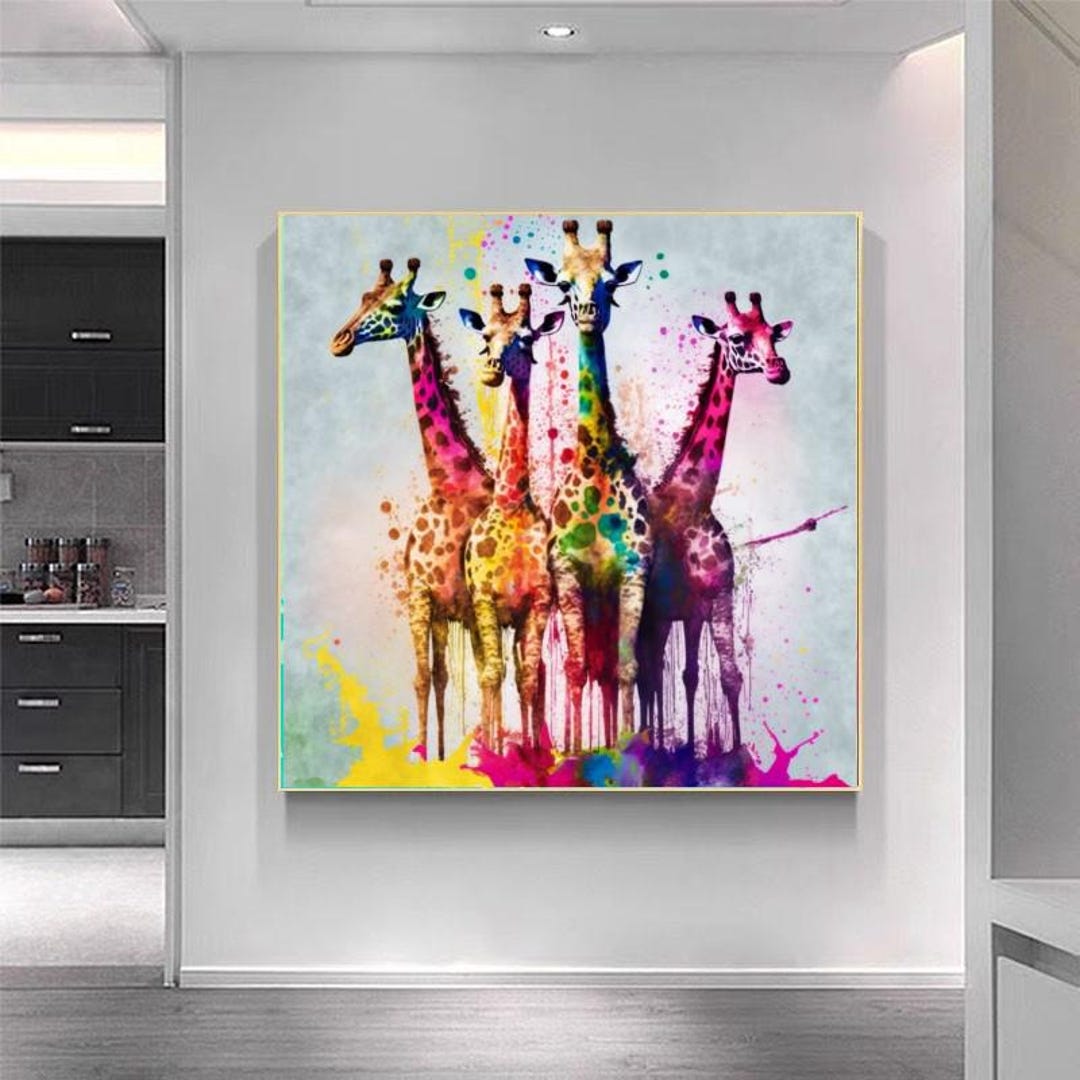 Vibrant Abstract Giraffe Family Wall Art – Colorful Wildlife Canvas ...
