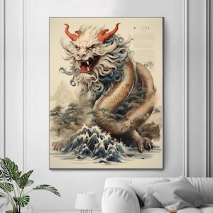 Chinese Dragon Art Print on Canvas - Ancient Mythology Wall Art Decor, Stretched/Rolled