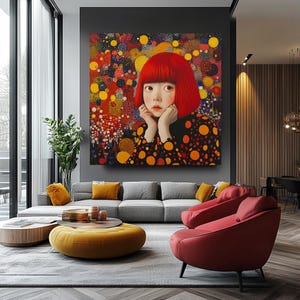 K&ouml;nnte beinhalten: Ein gro&szlig;es, farbenfrohes Gem&auml;lde einer jungen Person mit roten Haaren und einem schwarz-orangefarbenen Polka-Dot-Oberteil. Der Hintergrund ist eine lebendige Mischung aus Punkten und Formen in verschiedenen Farben. Das Kunstwerk wird in einem modernen Wohnzimmer pr&auml;sentiert.