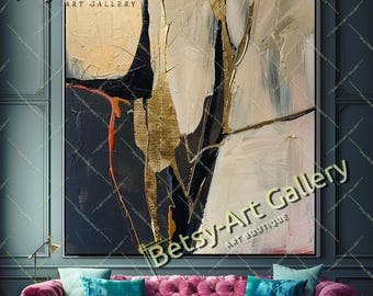 Goud abstract olieverfschilderij met paletmestextuur: modern interieur