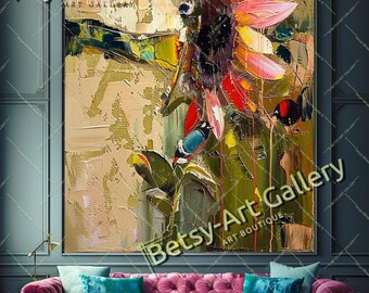 Vivid Abstract Sunflower Wall Art: Modern Floral Impasto Oil Painting on Canvas