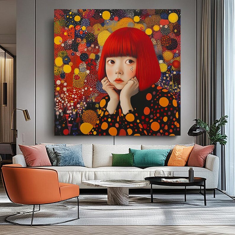 K&ouml;nnte beinhalten: Ein gro&szlig;es quadratisches Leinwandkunstwerk mit einem Portr&auml;t einer Person mit roten Haaren und einem schwarzen Kleid mit orangefarbenen Punkten. Der Hintergrund ist ein farbenfrohes abstraktes Design. Die Person st&uuml;tzt ihr Kinn auf ihre H&auml;nde.