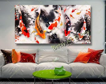 Five Koi Fish Canvas Art Print: Japanese Zen Wall Decor for Living Room Bedroom