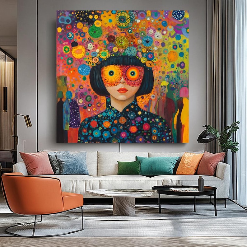 K&ouml;nnte beinhalten: Ein gro&szlig;es, farbenfrohes abstraktes Gem&auml;lde, das eine Frau mit gro&szlig;en orangefarbenen Augen und einem Oberteil mit Blumenmuster zeigt. Das Kunstwerk hat eine lebendige Palette aus Orange, Blau, Gelb und Gr&uuml;n, mit verschwommenen Figuren im Hintergrund.