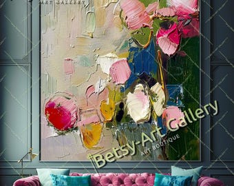 May include: A large rectangular abstract oil painting featuring thick impasto brushstrokes in shades of pink, white, yellow, blue, and deep green. The artwork displays the text Tanya Mirelle Art Gallery and Betsy-Art Gallery Art Boutique.
