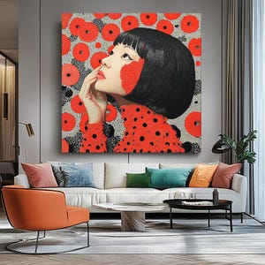 K&ouml;nnte beinhalten: Ein gro&szlig;es quadratisches Leinwandkunstwerk mit einer Frau mit schwarzen Haaren und roten Akzenten. Sie tr&auml;gt ein rotes Oberteil mit schwarzen Punkten. Der Hintergrund ist ein Muster aus roten Kreisen und schwarzen und wei&szlig;en Punkten. Das Kunstwerk wird &uuml;ber einem wei&szlig;en Sofa ausgestellt.