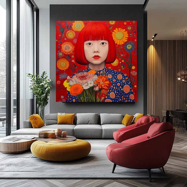 K&ouml;nnte beinhalten: Ein gro&szlig;es, quadratisches Leinwandbild mit einem Portr&auml;t einer Person mit leuchtend roten Haaren und einem blau gemusterten Oberteil, die einen Blumenstrau&szlig; h&auml;lt. Der Hintergrund ist ein leuchtendes Rot mit bunten floralen Designs. Das Kunstwerk wird in einem modernen Wohnzimmer pr&auml;sentiert.