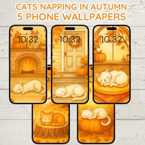 May include: Five phone wallpapers featuring watercolor illustrations of cats napping in autumn settings. Each design includes a sleeping cat, pumpkins, and fall foliage. The text at the top reads "CATS NAPPING IN AUTUMN 5 PHONE WALLPAPERS".