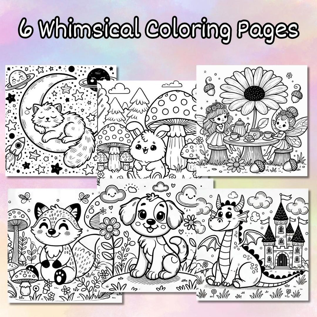 Whimsical Coloring Pages for Kids, Set of 6 - Etsy