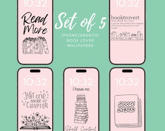Set of 5 Android or iPhone Wallpaper, Simple Pink and Black for Book Lovers