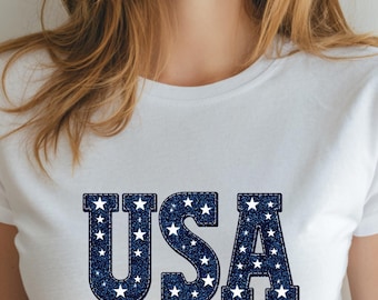 Sparkly USA PNG, Patriotic Varsity Letters, 4th of July Design (Digital Download)